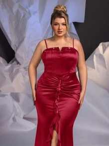 Glamrae Plus Size Red Sequin Panel Bustier Embellished High Split Mermaid Hem Elegant Formal Gown, Wedding Event Dress, Prom Evening Dress, For Wedding Guest, Graduation, Dinner