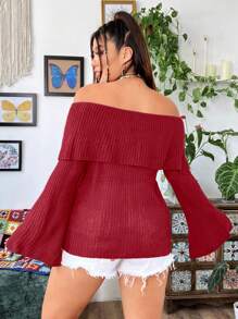 Flirla Plus Size Women's Solid Color Off-Shoulder Flared Sleeve Casual Pullover Sweater, Fall/Winter Knit Pullover Autumn - Burgundy - View 2