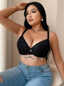 1 件浪漫蕾丝交叉前钢圈胸罩，大码女士内衣