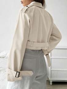 SHEIN EZwear Khaki Color Woven Cropped Women's Lapel Neck Long Sleeve Casual Trench Coat