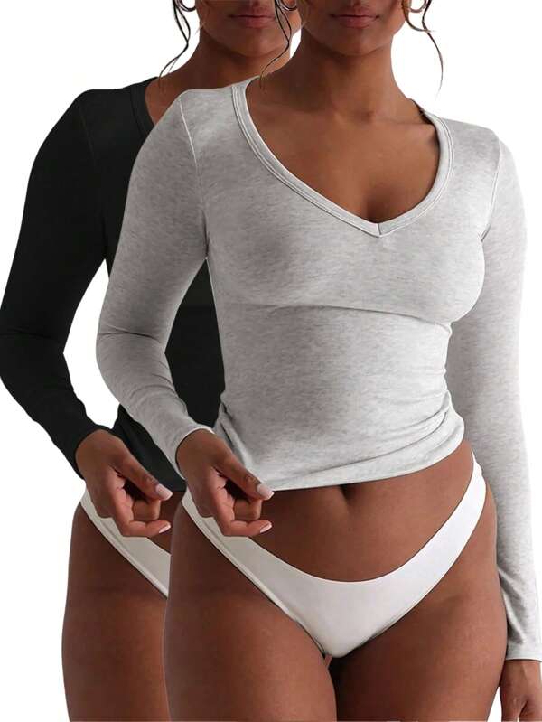 INAWLY Solva T-shirt minimaliste à manches longues et col en V unicolore pour femme, port casual quotidien