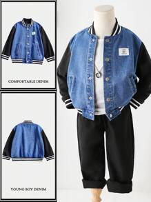 SHEIN Young Boy Fashion Casual Striped Border Black Knit Long Sleeve Spliced Blue Cowboy Baseball Jacket For Dailywear And Fall Boys Clothes