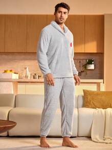 2 piezas Conjunto de ropa de estar en casa con top de manga larga en unicolor y pantalones minimalista para hombre