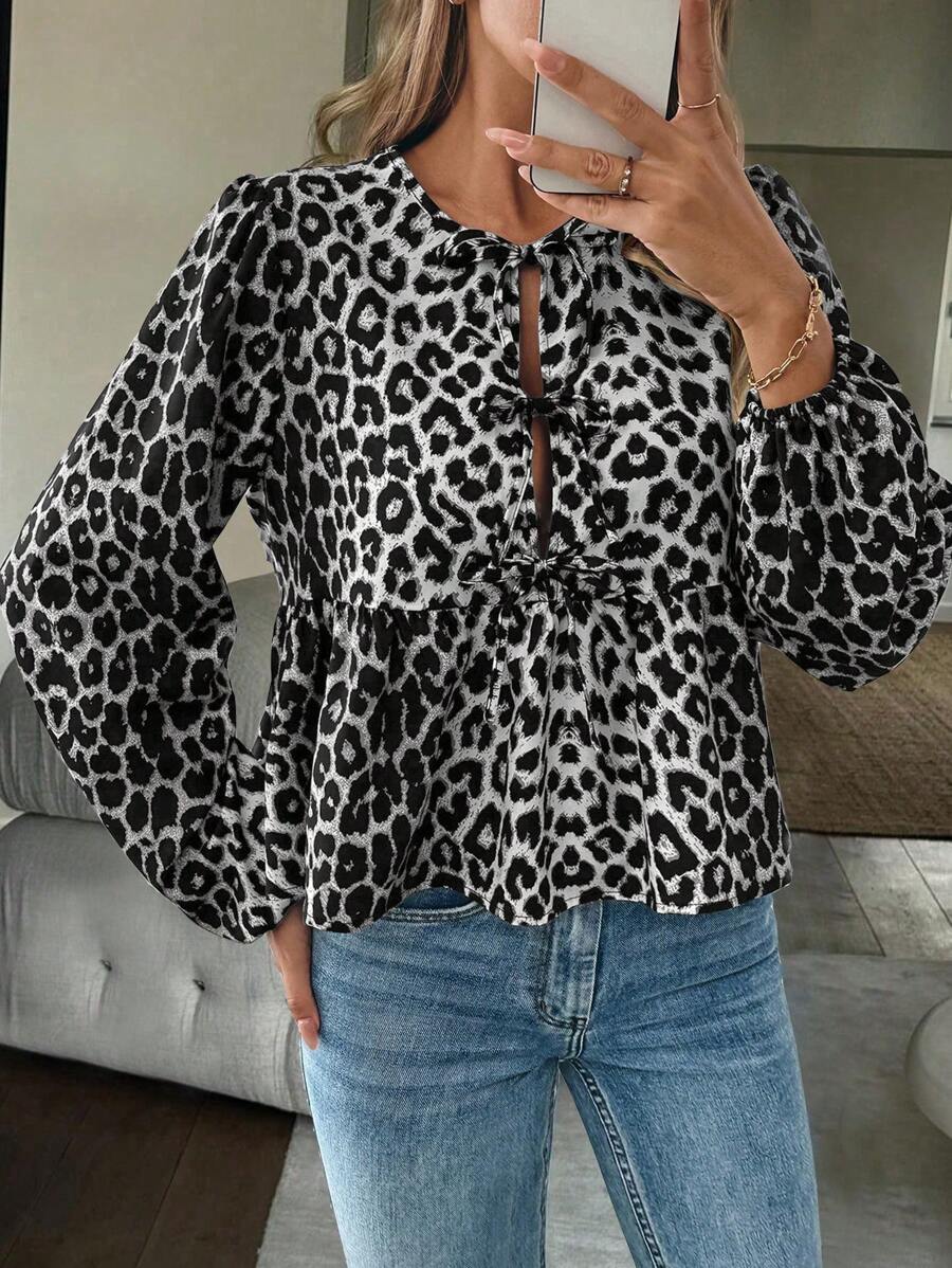 Breezaya 豹纹褶饰系带长袖女式衬衫荷叶边上衣 - 黑與白 - 查看 1