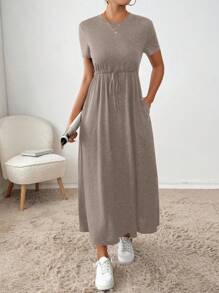 SHEIN Essnce Women's Summer Casual Solid Color Drawstring Waist Dress,Summer Dresses For Women - Mocha Brown - View 3