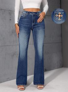 SHEIN LUNE Jeans amples décontractés pour femmes avec broderie croisée et déchirures