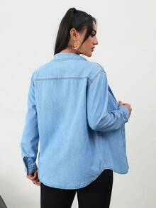 SHEIN Tall Women's Denim Shirts  Casual Loose Long Sleeve Shirt Back To School Going Out Tops Women Shirts Women Tops Women Tops  Long Sleeve Fall Blouse - Light Wash - View 2