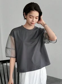 FRIFUL Designer Summer Casual Mesh Contrast Round Neck Short Sleeve T-Shirt Sheer