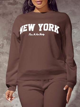 SHEIN SXY Women's Autumn Winter Letter Print Dropped Shoulder Crew Neck Loose Casual Sweatshirt,Long Sleeve Tops