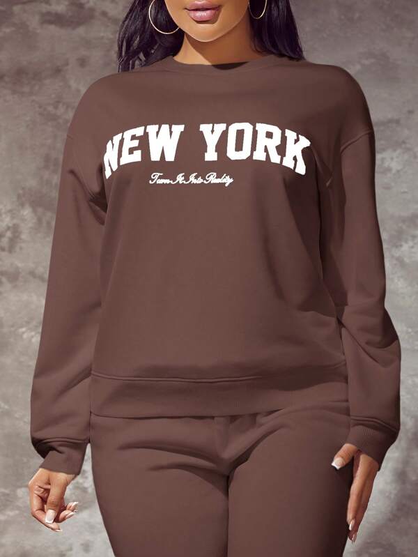 SHEIN SXY Women's Autumn Winter Letter Print Dropped Shoulder Crew Neck Loose Casual Sweatshirt,Long Sleeve Tops