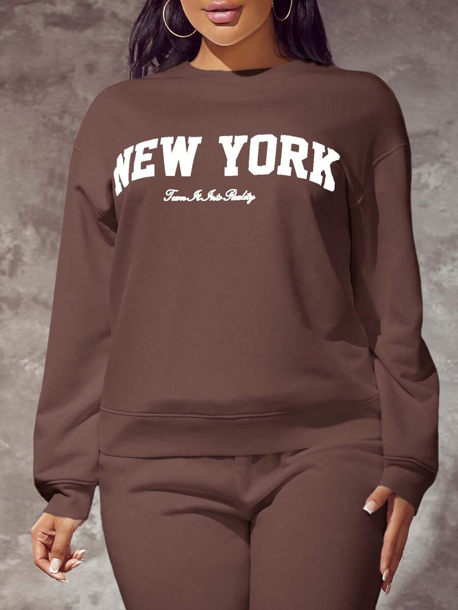 SHEIN SXY Women's Autumn Winter Letter Print Dropped Shoulder Crew Neck Loose Casual Sweatshirt,Long Sleeve Tops - Redwood - View 1