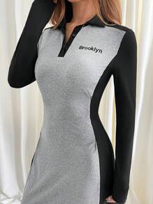SHEIN EZwear Damen Polokragen Farbkontrast Patchwork Knopfleiste Langarm Buchstaben Muster Kleid - Verschiedenfarbig - Übersicht 3