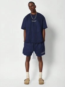 SUMWON Suedette Tee And Short 2 Piece Set - Navy Blue - View 1