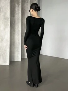 DAZY Women's Mid-Length Square Neck Long Sleeve Bodycon Slim Fit Dress - Black - View 5