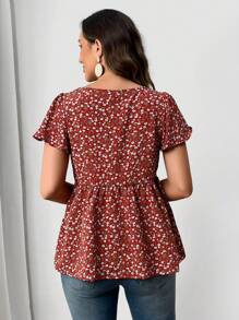 EMERY ROSE Ditsy Floral Print Butterfly Sleeve Peplum Blouse - Burgundy - View 2