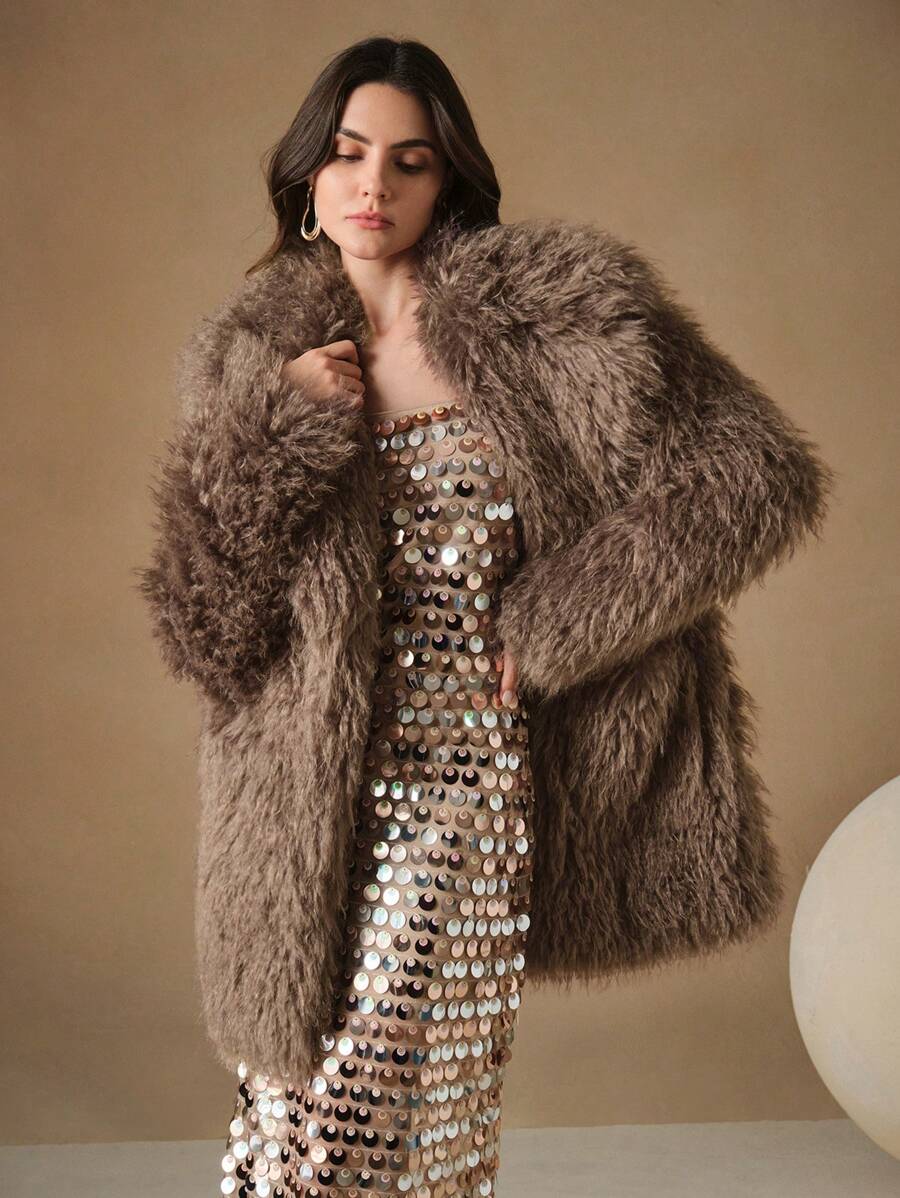 Anewsta Modische, flauschige Kurze Jacke - Kamelfarben - Übersicht 1