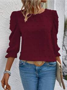 EMERY ROSE Plus Size Casual Solid Color Puff Sleeve Blouse, Spring & Autumn