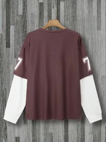 Manfinity Campus Court Plus Size Men's Casual Colorblock Letter Print Pullover Sweatshirt - Multicolor - View 2