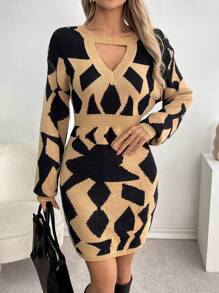 SHEIN LUNE Crew Neck Long Sleeve Hollow Out Simple Casual Mini Dress