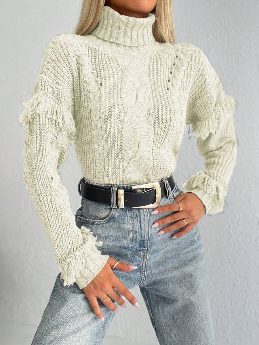 Cloudara Turtleneck Fringe Trim Cable Knit Drop Shoulder Sweater - Beige - View 1