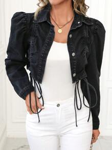 SHEIN LUNE Women's Casual Puff Sleeve Drawstring Cropped Denim Jacket, Autumn - Black - View 6