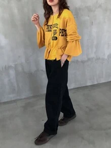 FRIFUL 女士宽松字母印花圆领落肩长袖休闲 T 恤，春秋季，图案 T 恤 - 黃色 - 查看 2