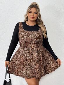 SHEIN CURVE+ Mono de verano con estampado de leopardo, sin mangas y cordón para tallas grandes y curvilíneas