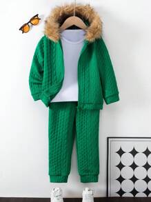 SHEIN 2 piezas Sudadera con capucha de felpa texturizada gris para niña pequeña con parche, cárdigan con cierre de cremallera y pelo marrón y pantalón deportivo casual de cintura ajustable gris, otoño invierno