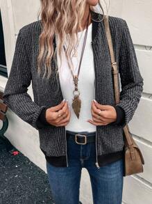 EMERY ROSE Women Casual Ribbed Knit Jacket, Autumn Fall Women Clothes Bomber Jacket - Black - View 3