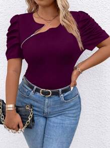 SHEIN Clasi Áo thun tay bồng màu trơn thường ngày cỡ lớn có khóa kéo mùa hè - Màu đỏ tím - Xem 3