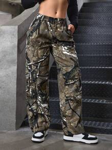 SHEIN PETITE 女士时尚花卉枝条印花工装牛仔裤 - 彩色 - 查看 6