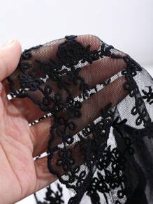 DAZY Loose Fit Long Sleeve Mesh Contrast Mid-Length Nightgown - Black - View 9