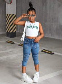 SHEIN Quần Capri túi lật thời trang Y2K Stonewashed Fit cho bé gái tuổi teen, Quần Jeans dạo phố thời trang thu đông cho bé gái tuổi teen - Rửa trung bình - Xem 4