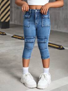 SHEIN Quần Capri túi lật thời trang Y2K Stonewashed Fit cho bé gái tuổi teen, Quần Jeans dạo phố thời trang thu đông cho bé gái tuổi teen - Rửa trung bình - Xem 7