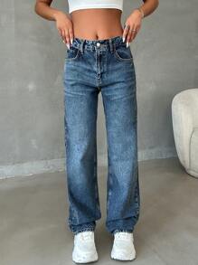 RueChic Quần Jeans Lưng Cao Dáng Thẳng Phong Cách Y2K Cho Nữ 100% Cotton - Rửa trung bình - Xem 4