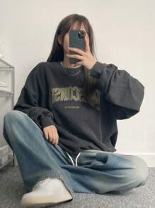 DAZY 女式做旧图案印花宽松运动衫，秋装 - 灰色 - 查看 8