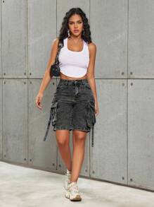 Pantalones cortos vaqueros rectos de cargo de trabajo lavados con detalles de cinta y bolsillo con solapa de estilo vintage