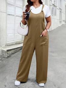 SHEIN LUNE Mono informal de talla grande de unicolor de verano con bolsillos dobles - Marrón - Ver 3