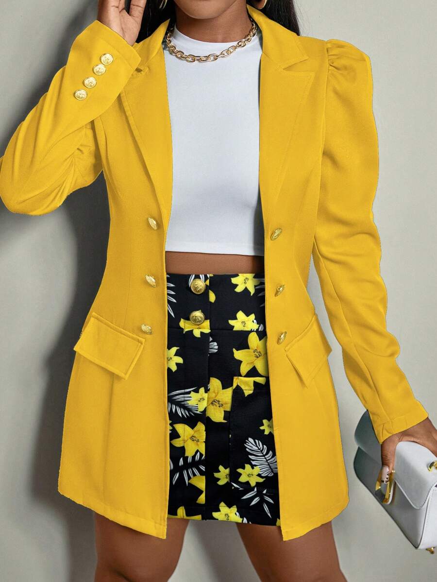 SHEIN Unity Saco de traje de mujer de unicolor y falda impresa, conjunto de atuendo diario simple - Amarillo - Ver 1