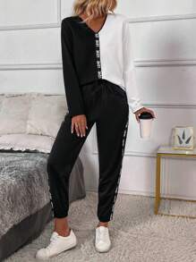 SHEIN LUNE Bộ 2 áo len dệt kim và quần dài cổ chữ V màu tương phản thời trang xuân thu cho nữ - Đen và trắng - Xem 5