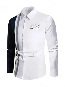 Manfinity Homme Áo sơ mi nam dài tay họa tiết sọc và chữ thời trang đô thị nhiều màu sắc xuân hè, dành cho chồng, cho mùa thu - Nhiều màu - Xem 3