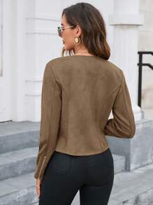 SHEIN Clasi Chaqueta corta casual con cremallera delantera de manga larga para mujer, primavera otoño - Café integral - Ver 2