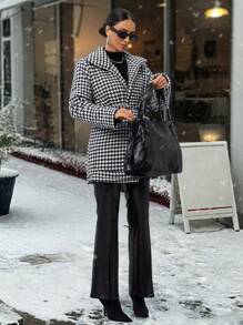 RueChic Fashionable Chic Elegant Houndstooth Pattern Belted Padded Coat - Multicolor - View 3