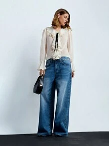 Maija Blusa elegante feminina de verão com patchwork e babados - Branco - Ver 4