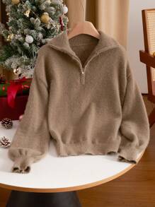 SHEIN Essnce 加大码圣诞毛绒领拉链保暖毛衣，秋冬