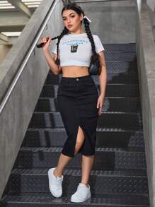 SHEIN Privé 女式中长休闲牛仔 A 字裙，带口袋和开衩