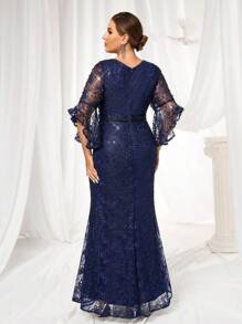 Glamrae Váy dạ hội đuôi cá tay bèo ren đính hạt và đá Rhinestone cỡ lớn, Đầm dạ hội thanh lịch, Đầm dự tiệc cưới, Đầm dự tiệc cưới, Tốt nghiệp, Tiệc tối - Xanh đậm - Xem 2