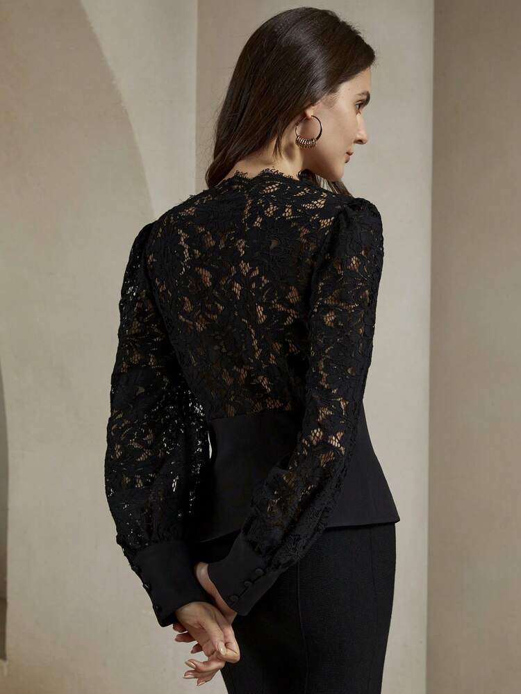 Elegante blusa da donna con scollo a V, patch in pizzo, vita stretta, adatta per Capodanno, primavera, estate, San Valentino, colore nero, grafica, festa