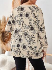 SHEIN LUNE 大码女式杏色花卉印花圆领长袖 T 恤，带侧开衩，适合秋冬季分层搭配女士上衣机场女士服装秋季服装旅行服装机场感恩节服装假日服装 - 杏色 - 查看 2