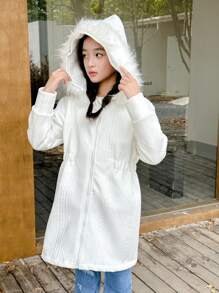 SHEIN 女孩针织加厚提花内衬连帽抽绳夹克，秋冬保暖外套 - 白色 - 查看 3